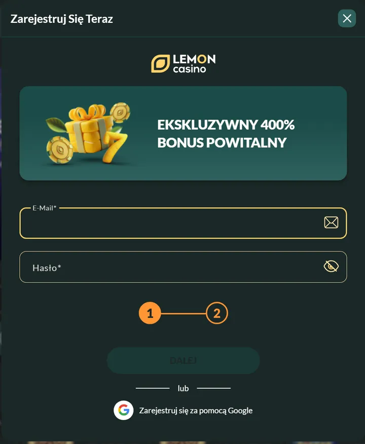 Formularz rejestracji konta w Lemon Casino z polem e-mail, hasło i ekskluzywnym bonusem powitalnym 400%