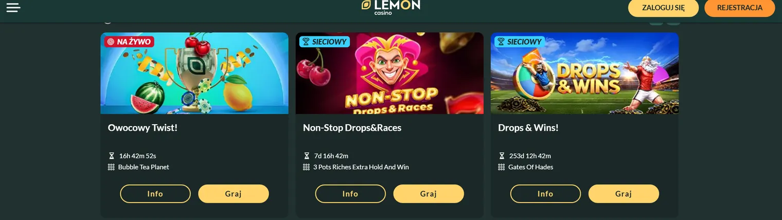 Aktywne turnieje w Lemon Casino — Owocowy Twist na żywo, Non-Stop Drops and Races oraz Drops and Wins z timerami i pulami nagród